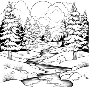 winterlandschaft-ausmalbild-mit-nadelbaeumen-und-bach