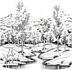 winterlandschaft-ausmalbild-mit-schneebaumchen-und-bach