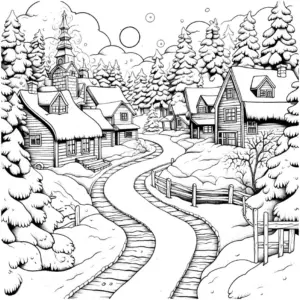 winterlandschaft-ausmalbild-mit-verschneiten-haeusern-und-nadelbaeumen