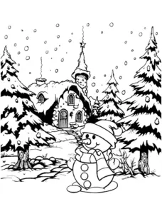 winterlandschaft-mit-schneemann-und-tannenbaeumen