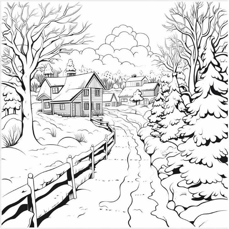 winterliche-ausmalbild-mit-haeusern-und-schneebedecktem-weg