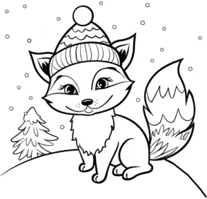 winterlicher-rotfuchs-mit-muetze-und-tannenbaum