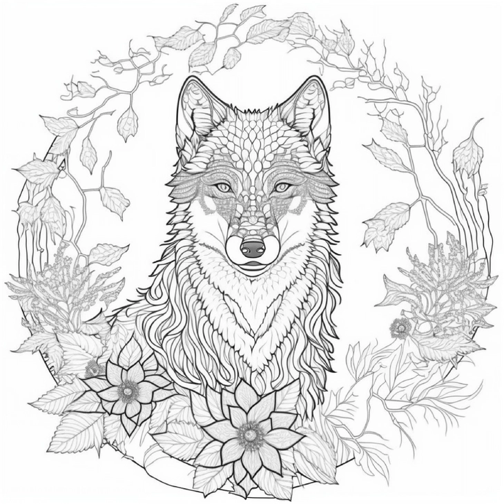 wolf-im-blumenkranz-ausmalbild