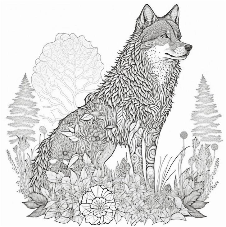 wolf-in-blumenlandschaft-ausmalbild