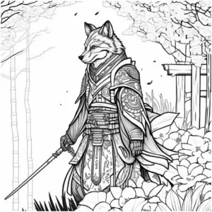 wolf-in-traditioneller-ruestung-mit-blumen-und-bambus