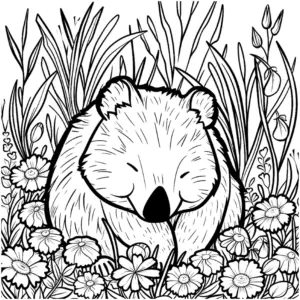 wombat-ausmalbild-in-blumenfeld