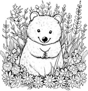 wombat-ausmalbild-umgeben-von-blumen-und-pflanzen