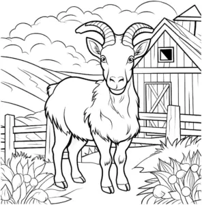ziege-vor-scheune-in-der-natur-ausmalbild