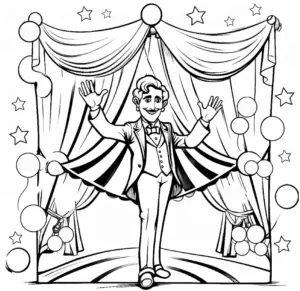 zirkus-clown-ausmalbild-mit-vorhang-und-sternen