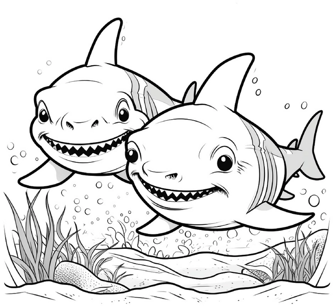 zwei-freundliche-haie-im-wasser-ausmalbild