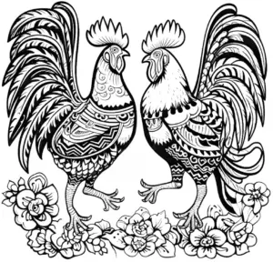 zwei-haehne-mit-blumen-ausmalbild