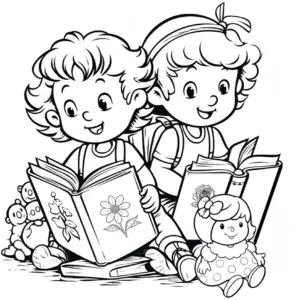 zwei-kinder-lesen-buecher-ausmalbild