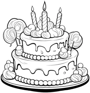 zwei-stoeckiger-kuchen-mit-kerzen-und-suessigkeiten